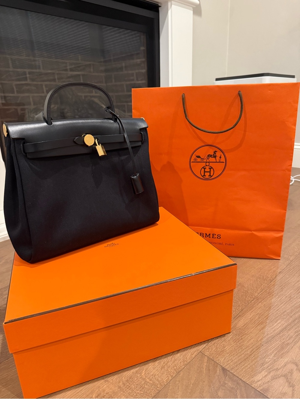 Hermes Black Her Bag Kelly style Bag with Gold Hardware 31 size